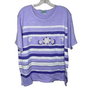 Sara Morgan VTG Purple Striped Short Sleeve Floral Embroidered Knit Sweater XX